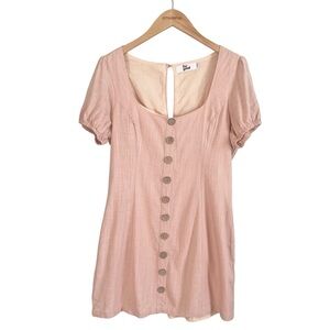 Light Pink Linen Blend Lined Rockabilly Button Front Short Sleeve Mini Dress L